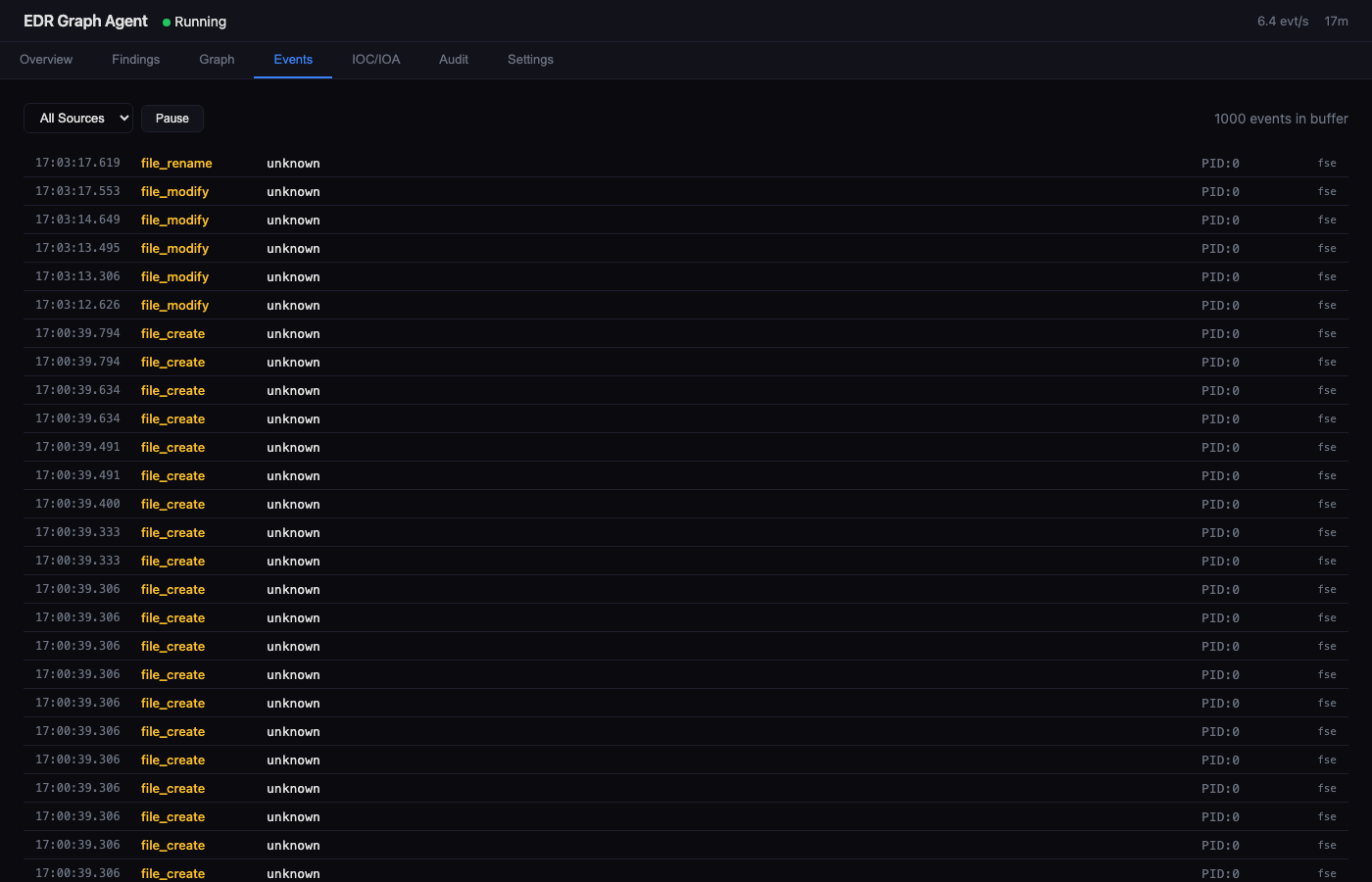 Live event stream with type-colored badges and source filtering