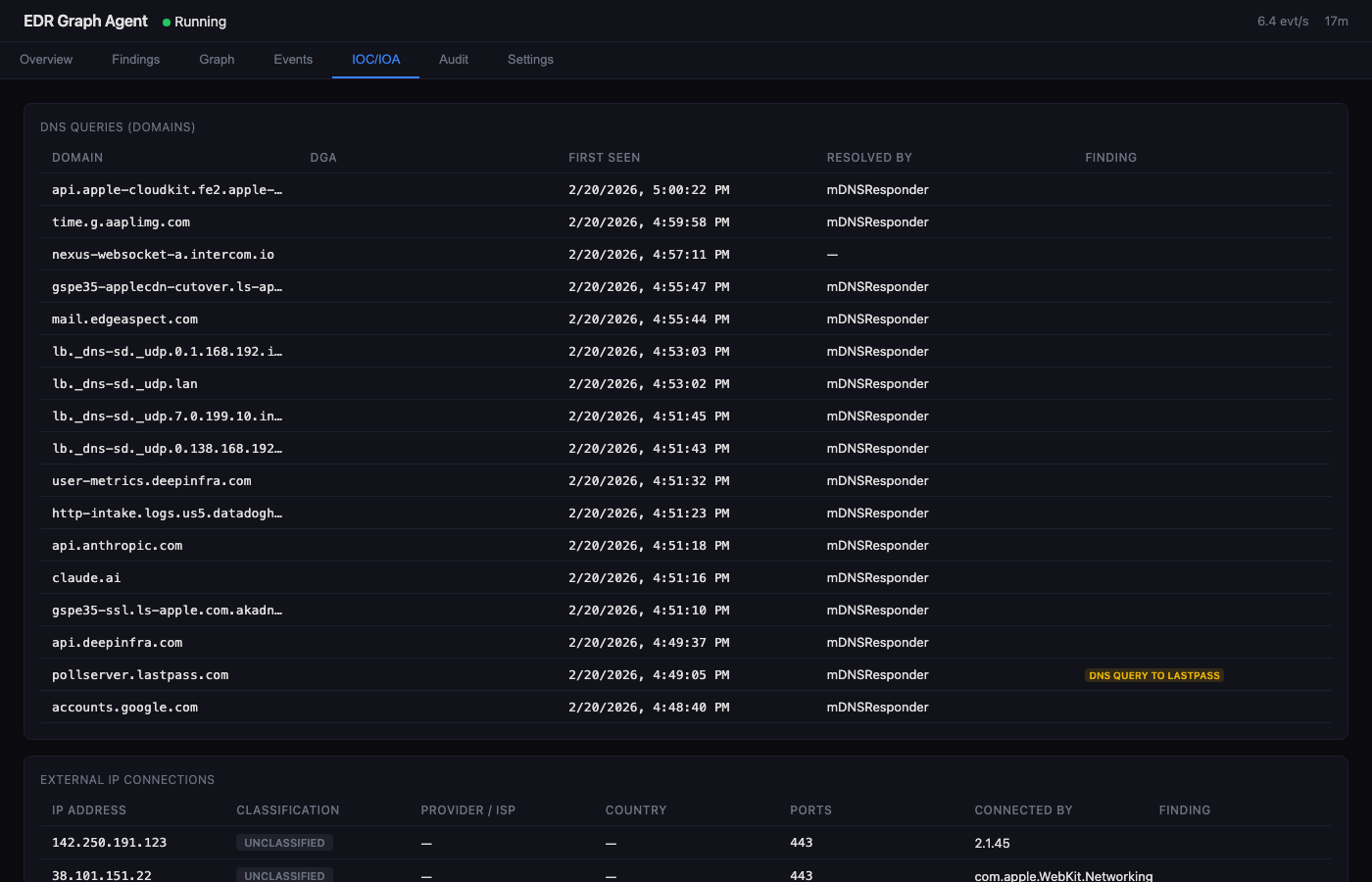 IOC/IOA — DNS queries with DGA scoring, external IPs with geolocation, finding correlation