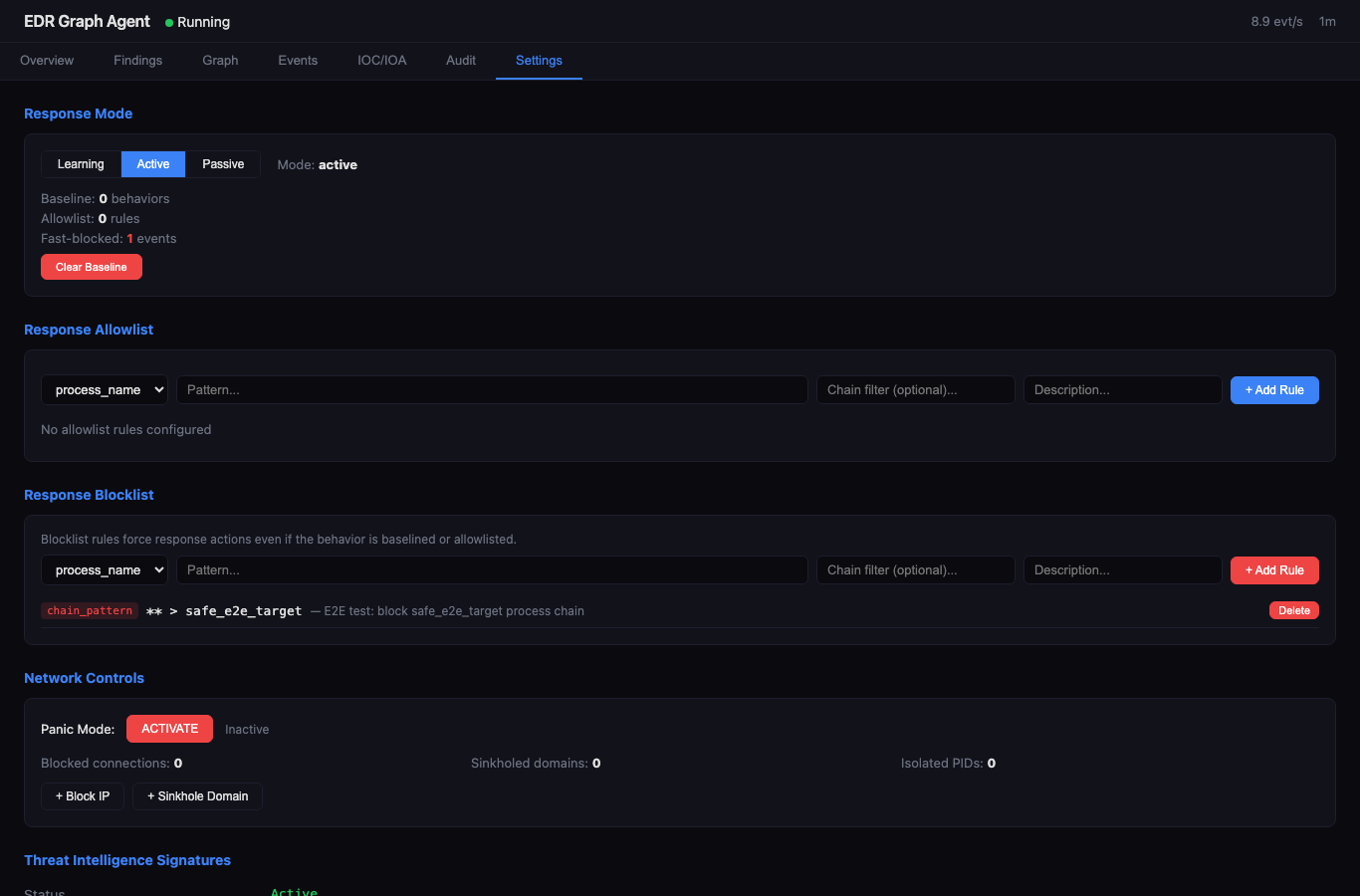Settings — response mode, baseline stats, allowlist/blocklist CRUD, network controls